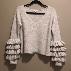 BP Oatmeal V-neck Ruffle Sleeve Sweater